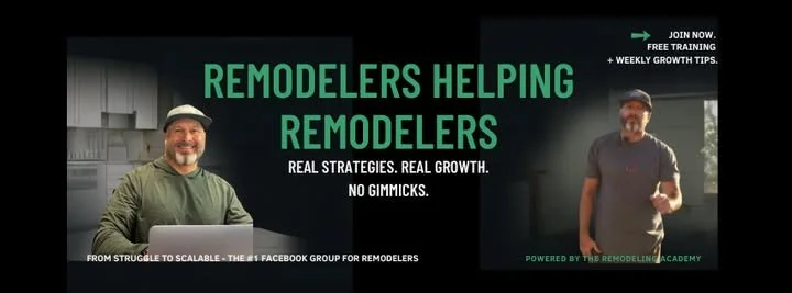 Promotional image for a remodeling training program showing a man in green shirt and hat on the left, and another man in dark T-shirt and cap on the right, with text highlighting remodeling strategies and growth tips.