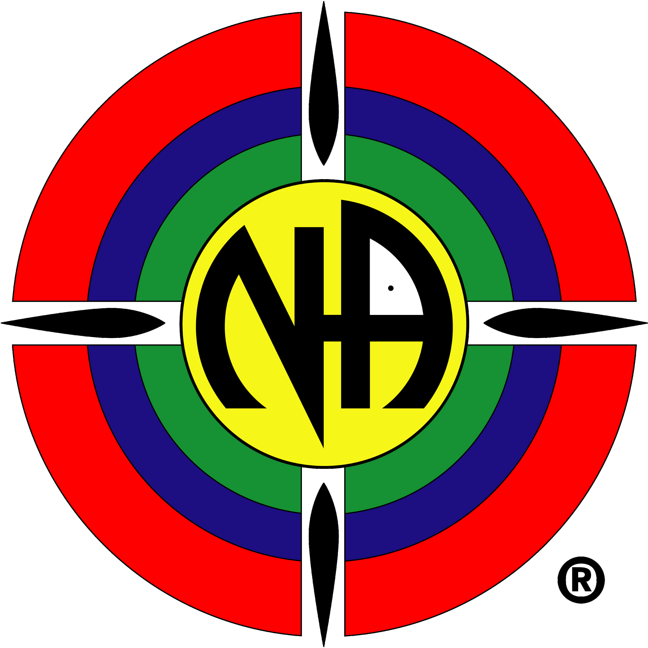 A colorful target with concentric circles in red, blue, green, and yellow. In the center, there's a yellow circle with a black logo featuring interwoven letters 'NA' and 'CH'. The black logo has symmetrical curved lines extending outward.