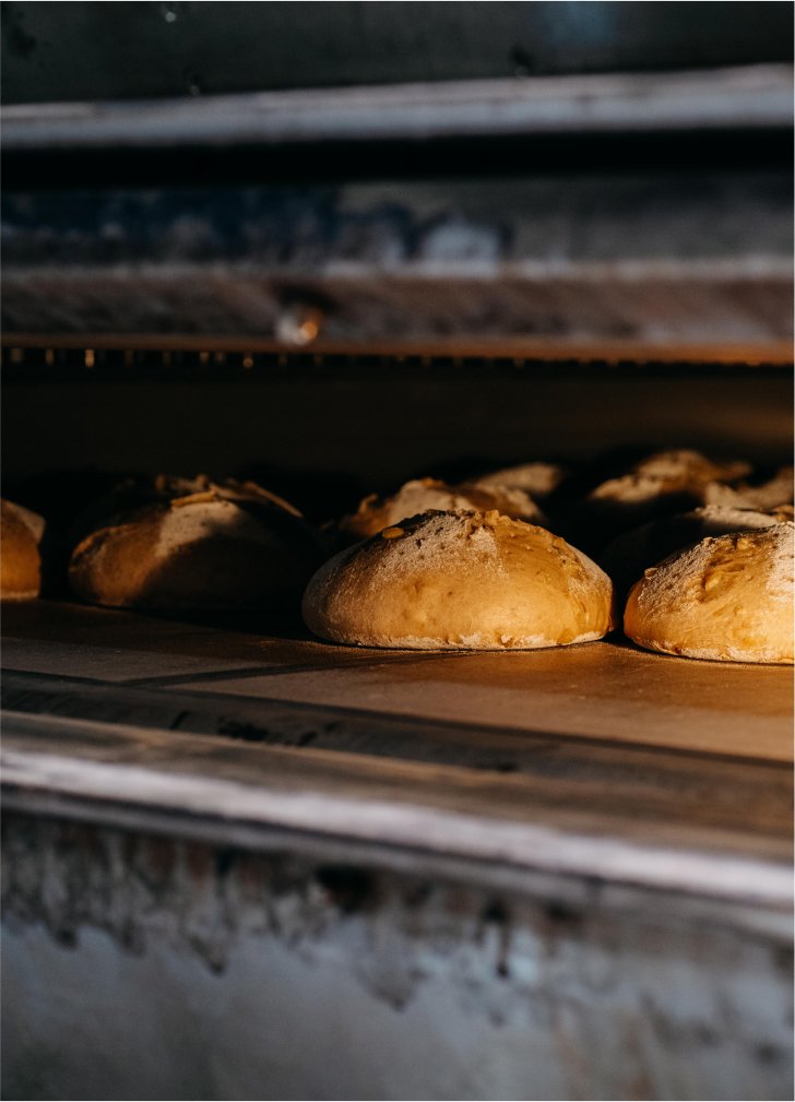 Backofen mit Teiglingen, die während des Backvorgangs gebacken werden, auf einem Backblech.
