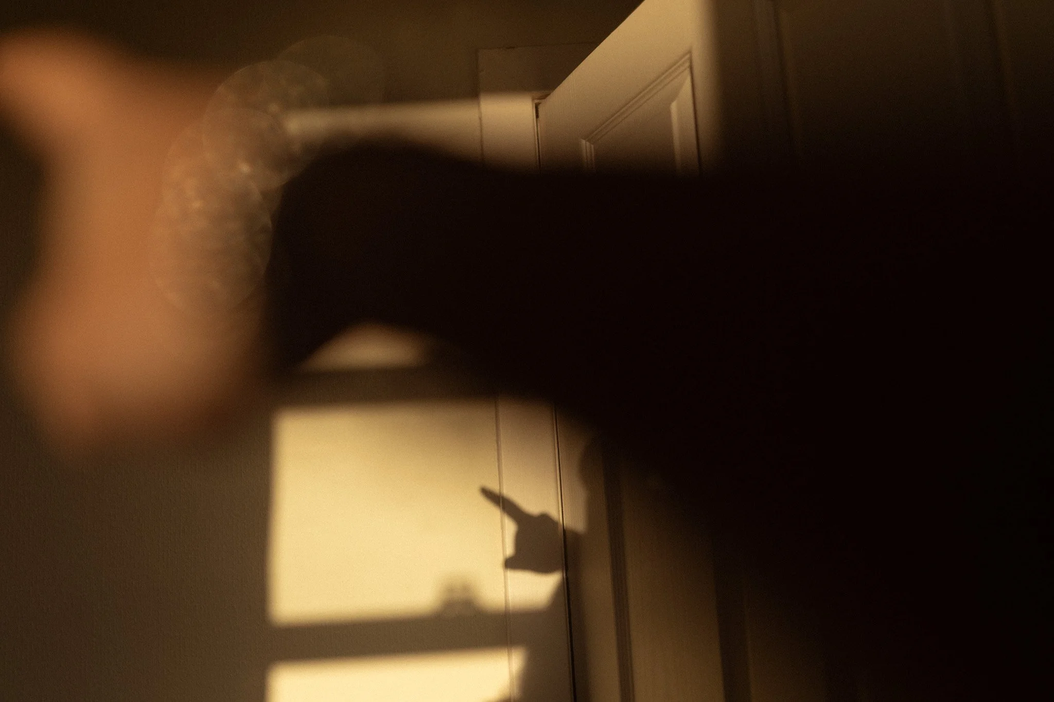 A shadow of a finger pointing upwards on a light-colored wall, with the person's arm and part of their body visible in the foreground.