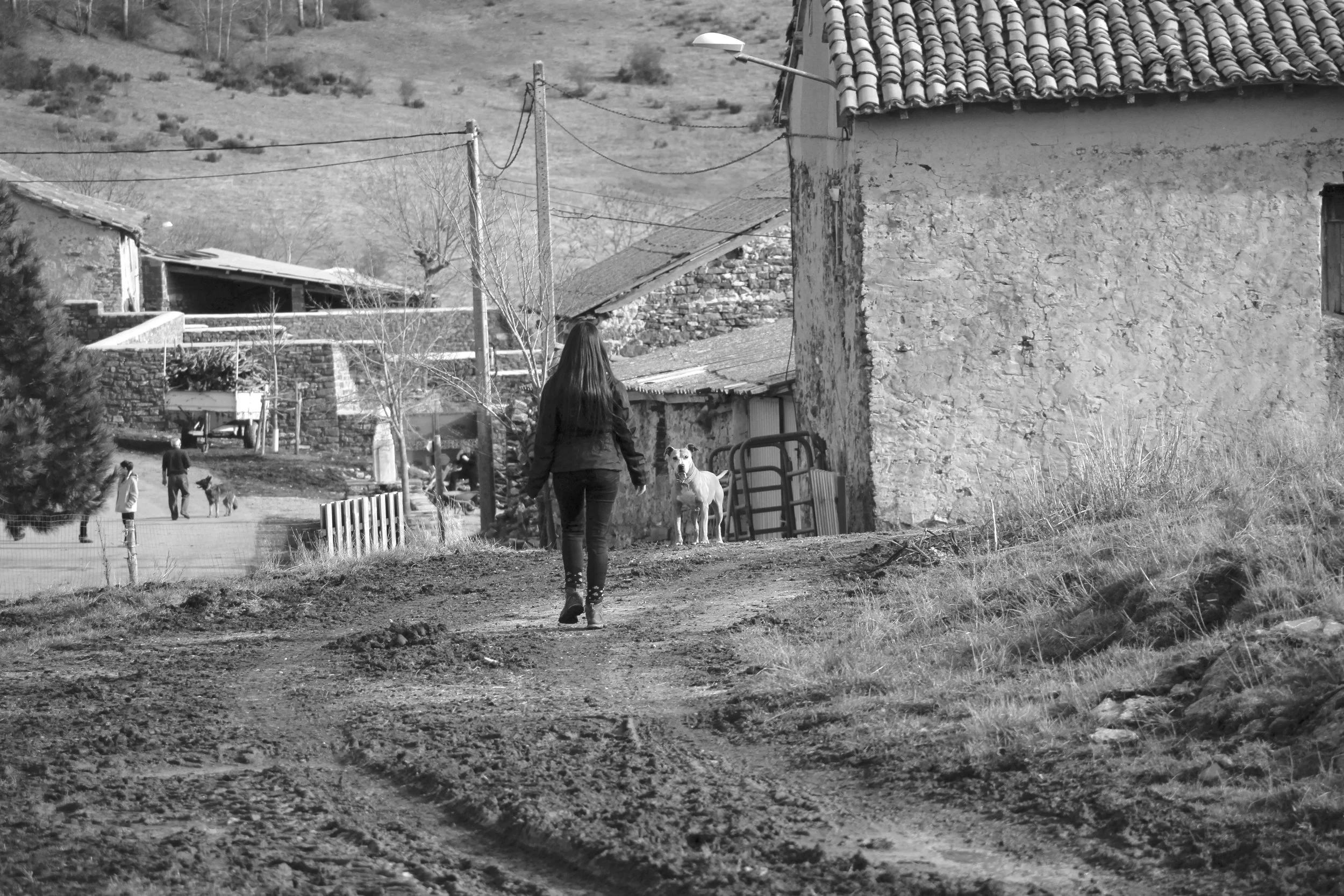A woman with long hair walking a dog on a dirt path in a rural area, with houses and hills in the background.