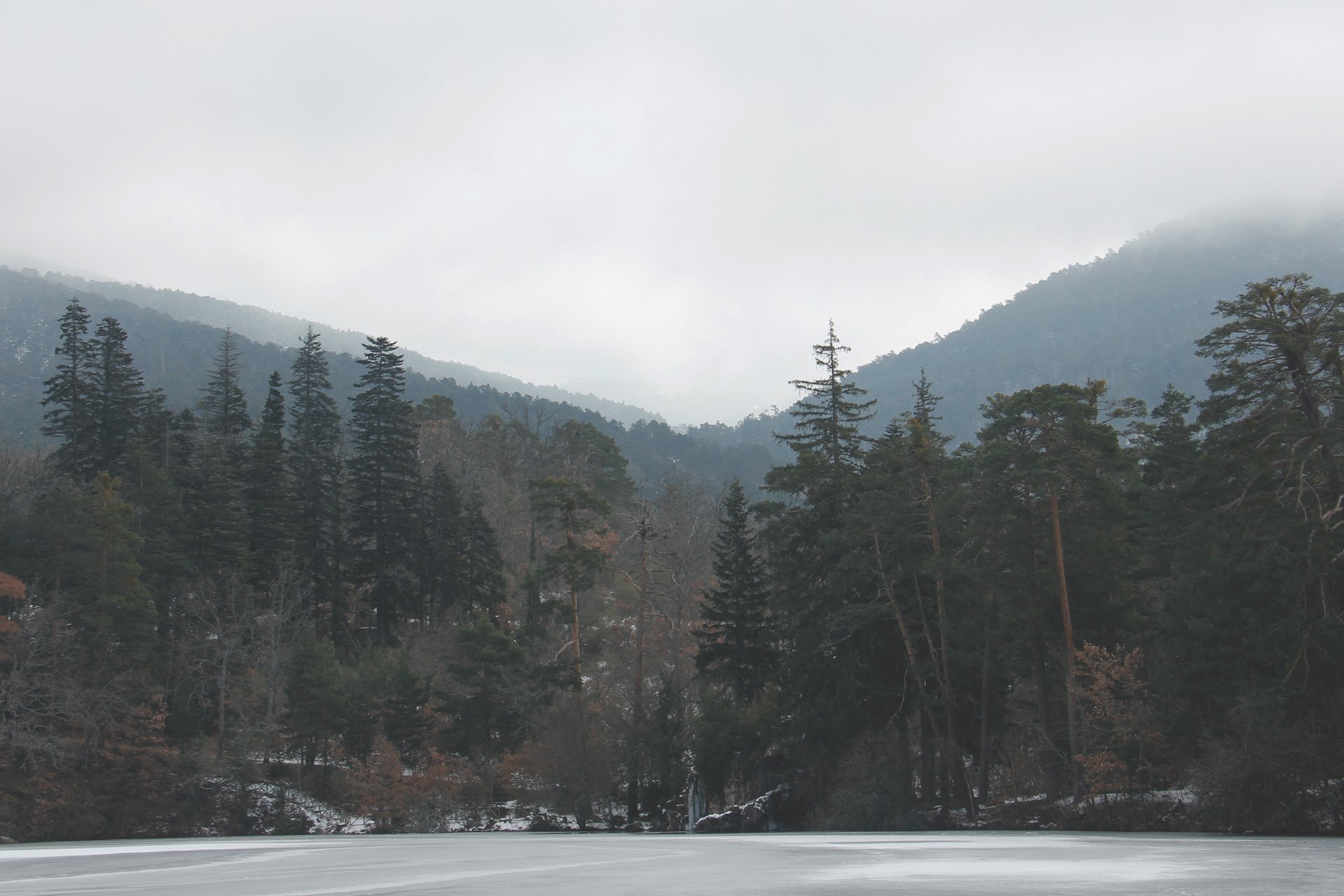 Frozen lake with pine trees and mountains in the background under a cloudy sky.