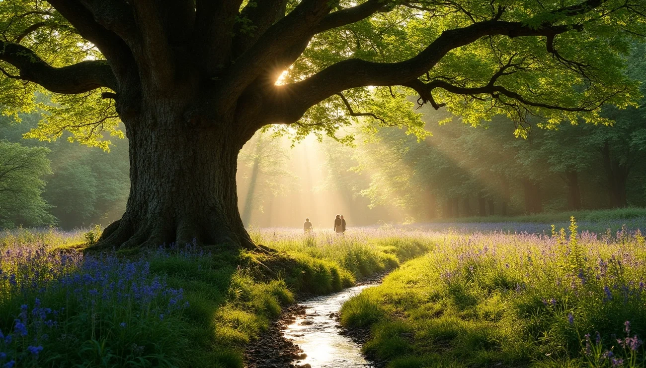 People walking through an irish Native woodland in the sunlight