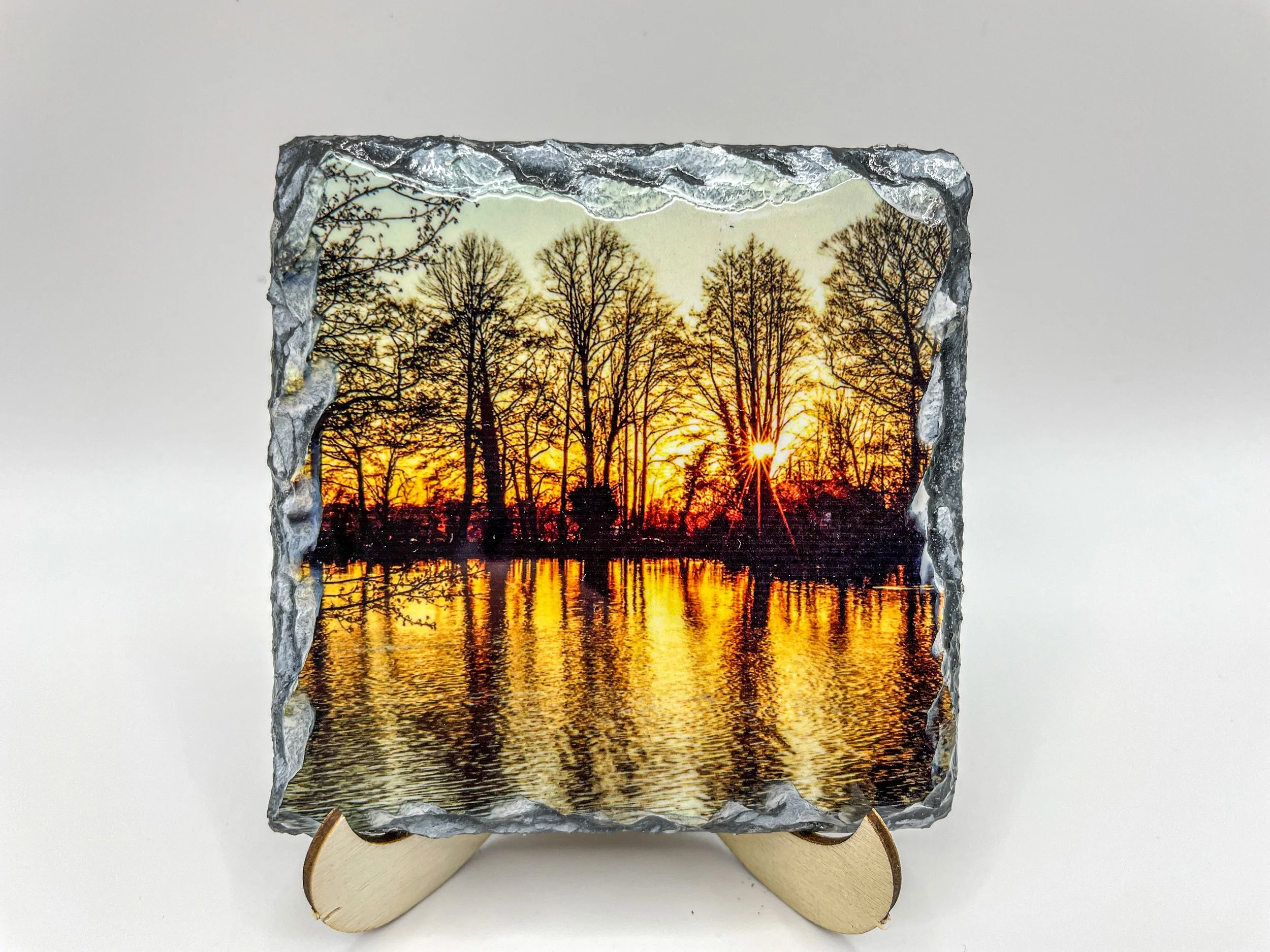 Sunset at Poynton Pool. 10x10cm natural slate coaster.