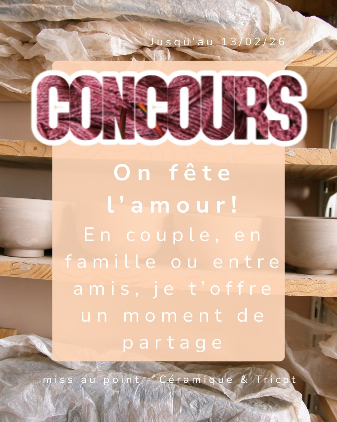 En ce mois de f&eacute;vrier je vous offre un moment de partage. 
Au choix:
- Un lot de 2 tasses &agrave; expresso, pour se raconter de belles choses autour d&rsquo;un caf&eacute; ☕️ 
- un cours de tricot pour 2 personnes, pour apprendre ou pour prog