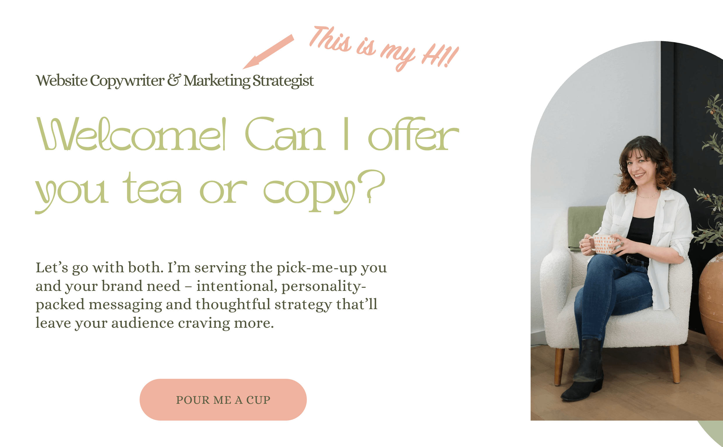 Screenshot of RB Copy's homepage, with an arrow pointing out the H1 heading.