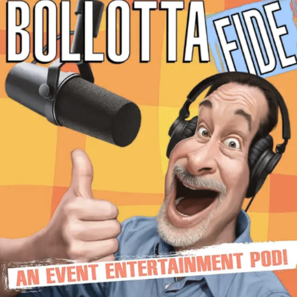 A man smiling and giving a thumbs-up with headphones on, in front of a microphone, with the words 'Bollotta Fide' and 'An Event Entertainment Pod!' on an orange and yellow background.