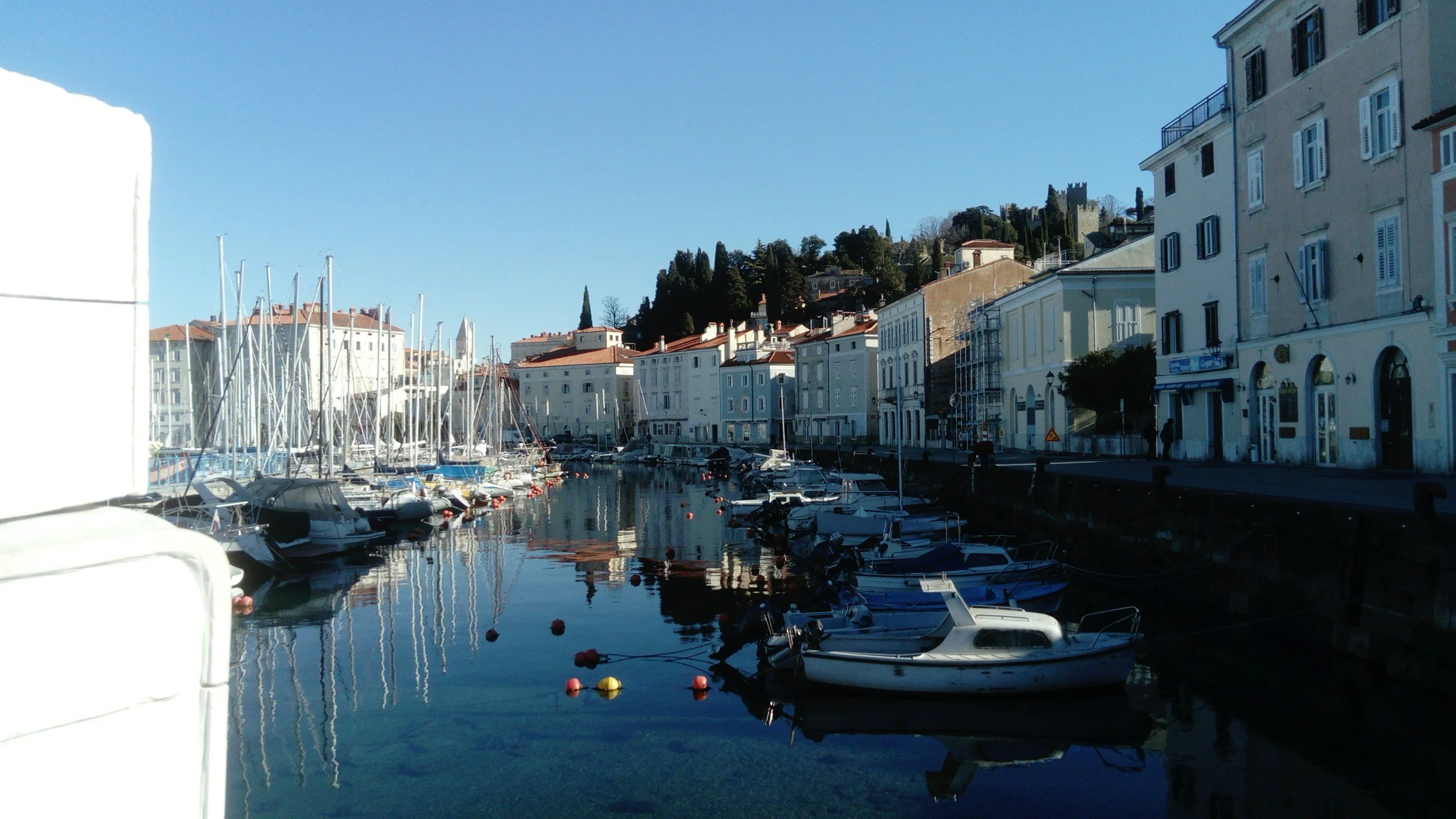 A marina with boats docked along the water, white buildings with red roofs, and a hillside with trees and a small castle or tower in the background.