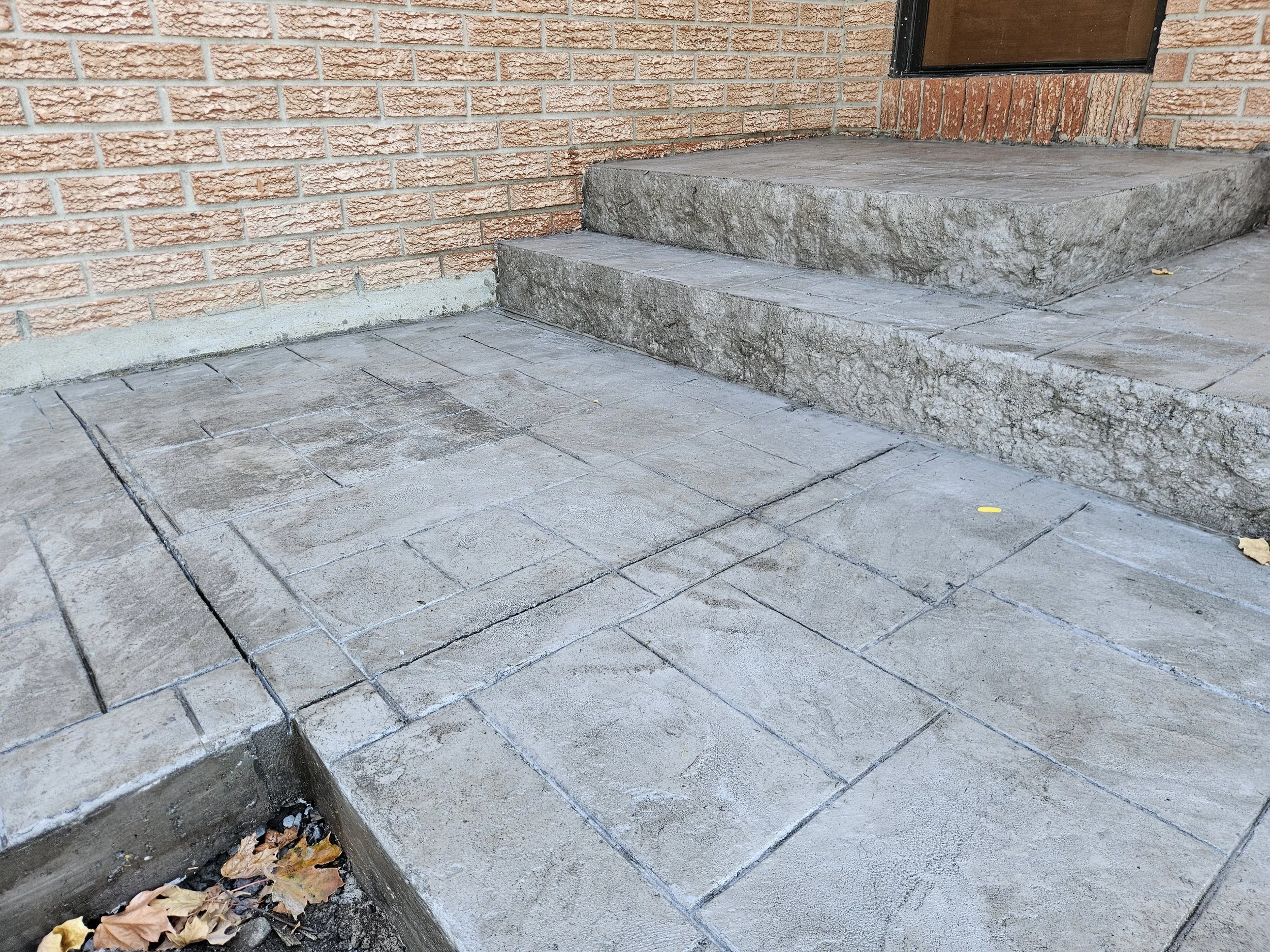 Concrete steps leading to a door next to a brick wall, with some leaves at the bottom of the steps.