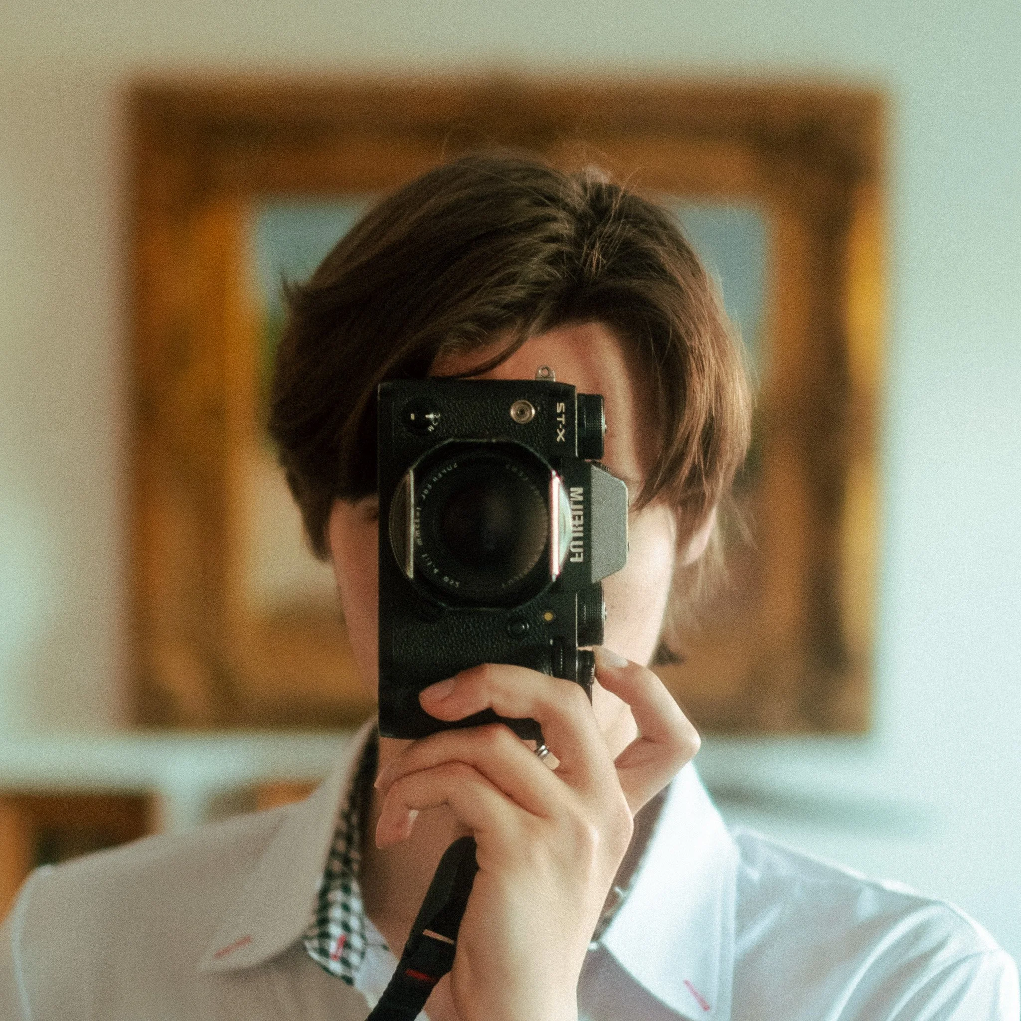 Portrait d'une personne tenant un appareil photo et prenant une photo dans un miroir, avec un tableau en arrière-plan.