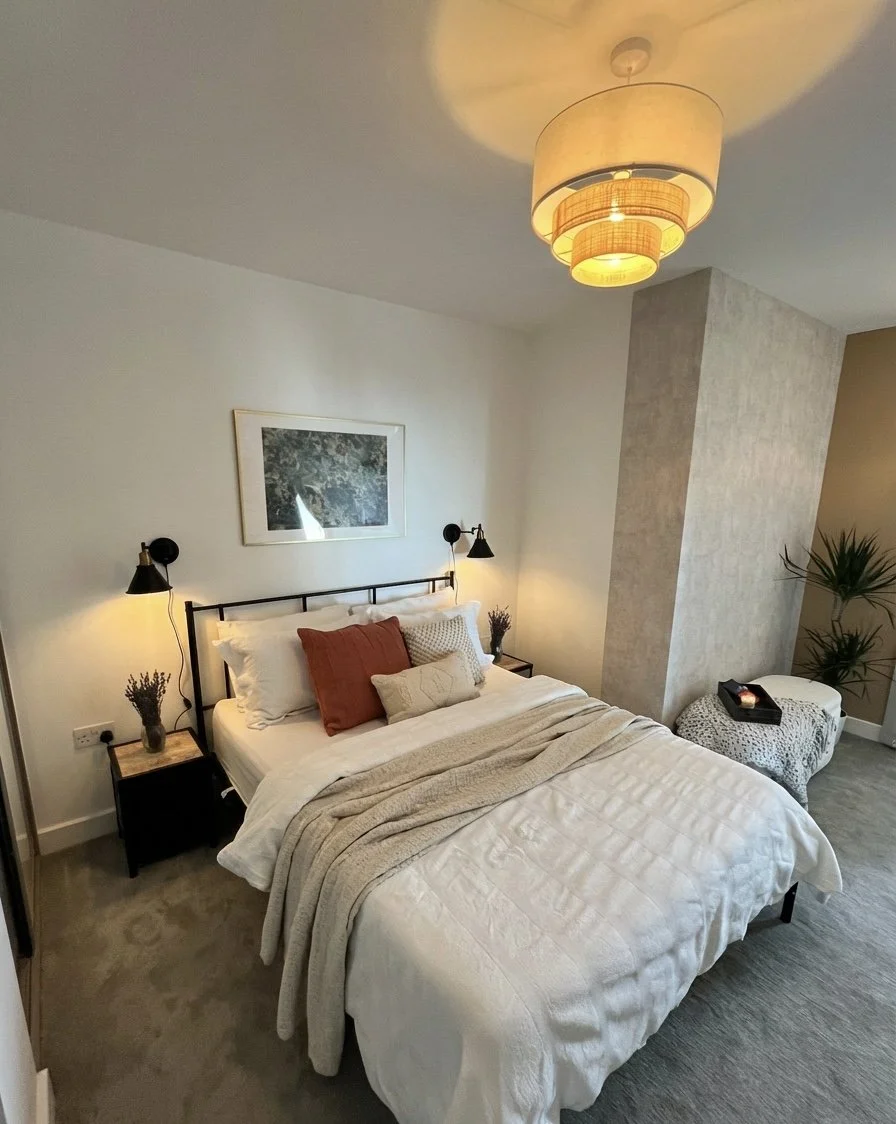 Neutral bedroom with burnt orange accents and textured pendant light, Battersea London flat by Rodolfo Falcao