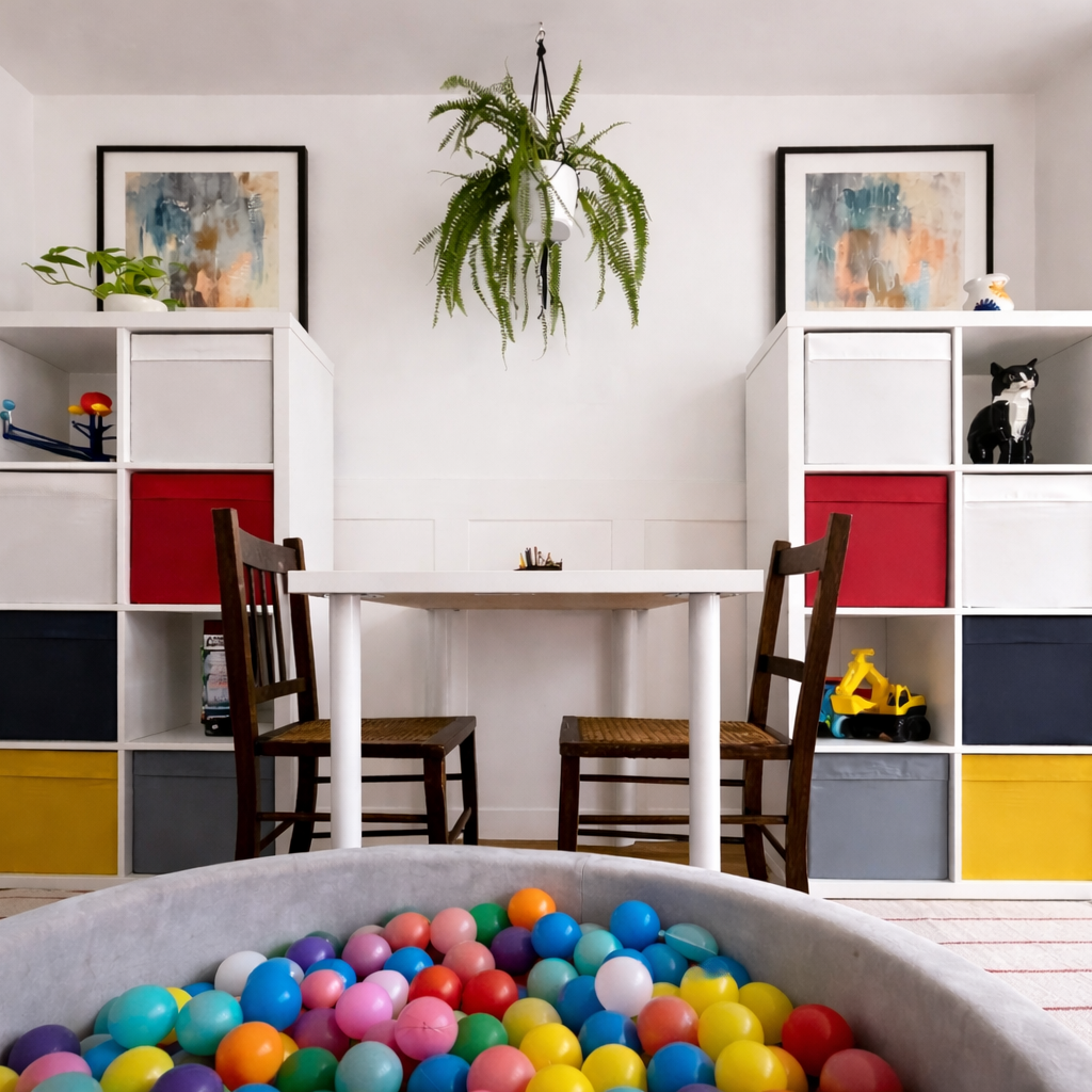 Children's area with ball pit and colourful modular shelving, Oxford family home interior design by Rodolfo Falcao