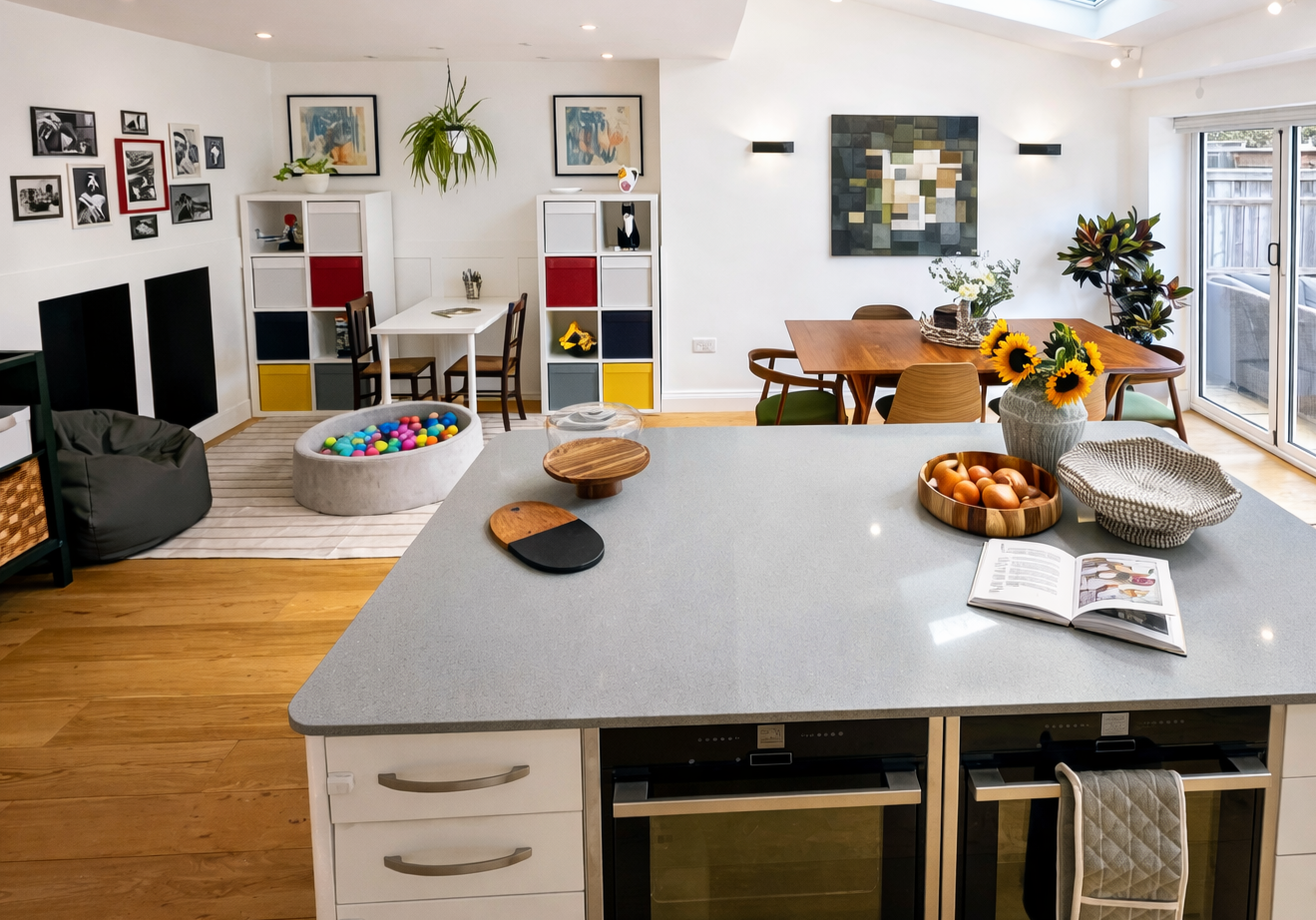 Open plan kitchen dining and children's area, Oxford family home interior design by Rodolfo Falcao
