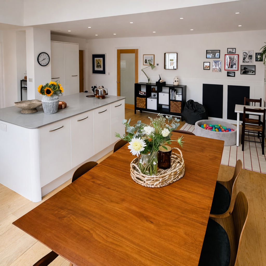Kitchen island with woven tray and floral arrangement, Oxford family home by Rodolfo Falcao