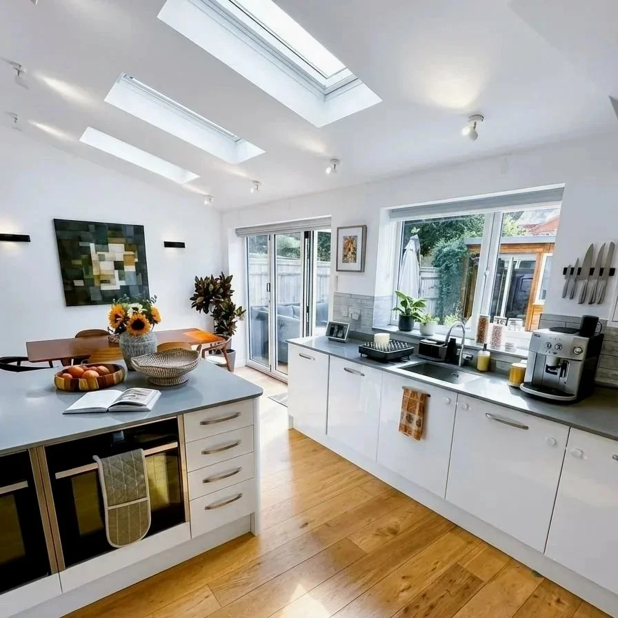 Bright open plan kitchen with skylights and garden views, Oxford family home interior design by Rodolfo Falcao