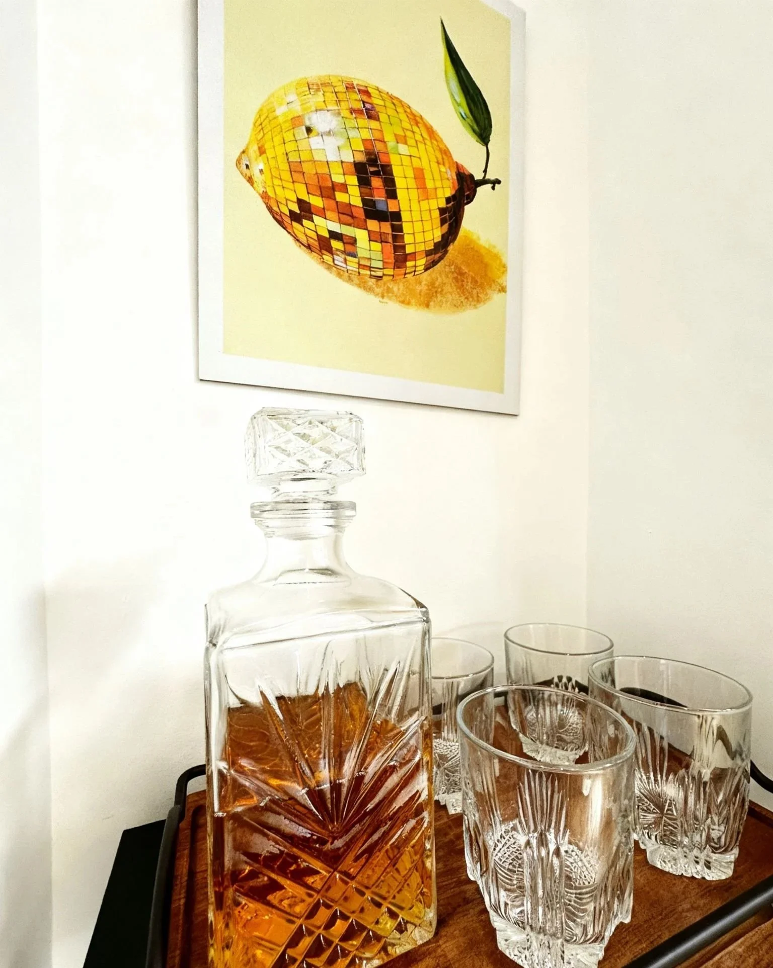 Art Deco inspired crystal decanter and glassware styling, Oxford family home by Rodolfo Falcao