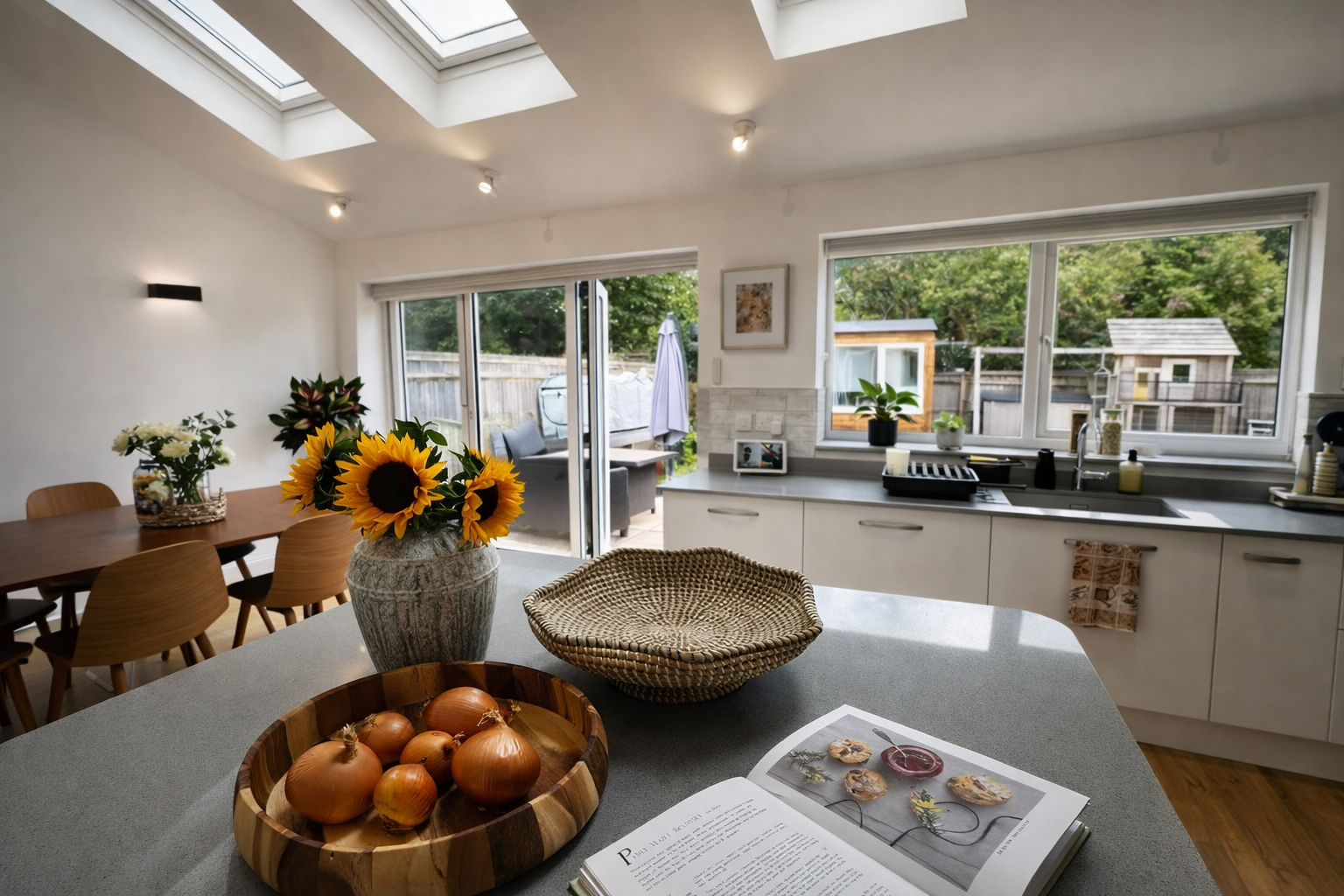 Bright kitchen with Velux skylights and floral arrangement, Oxford family home by Rodolfo Falcao