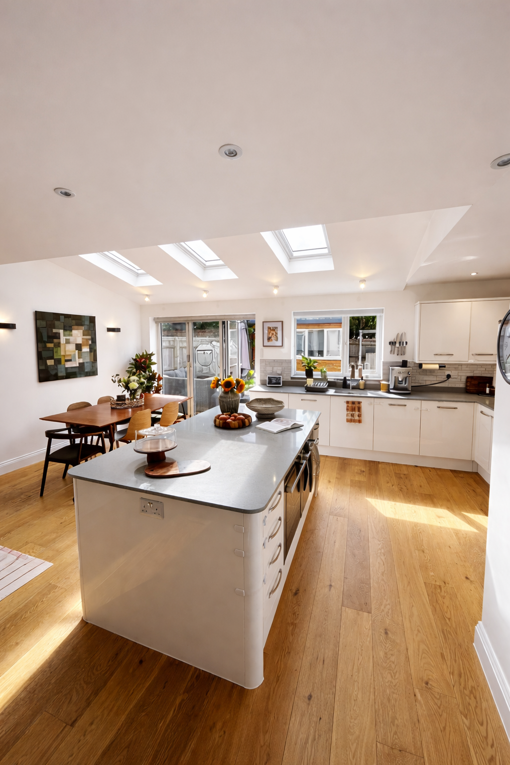 White kitchen with central island and Velux skylights, Oxford family home interior design by Rodolfo Falcao
