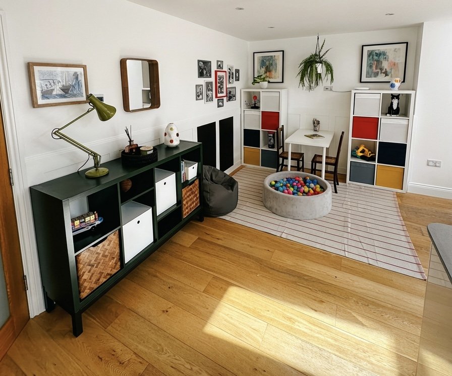 Children's play and learning area with colourful storage, Oxford family home by Rodolfo Falcao