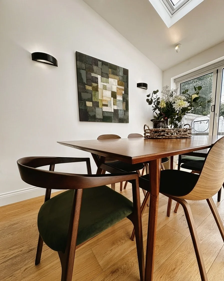 Walnut dining table with mid-century chairs and bold artwork, Oxford family home interior design by Rodolfo Falcao