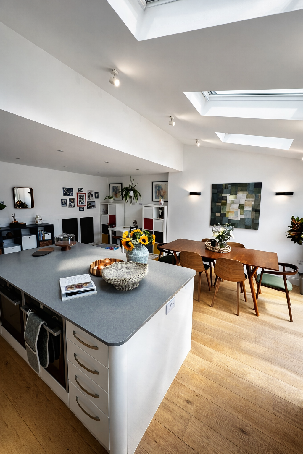 Open plan kitchen with island and dining area, Oxford family home interior design by Rodolfo Falcao