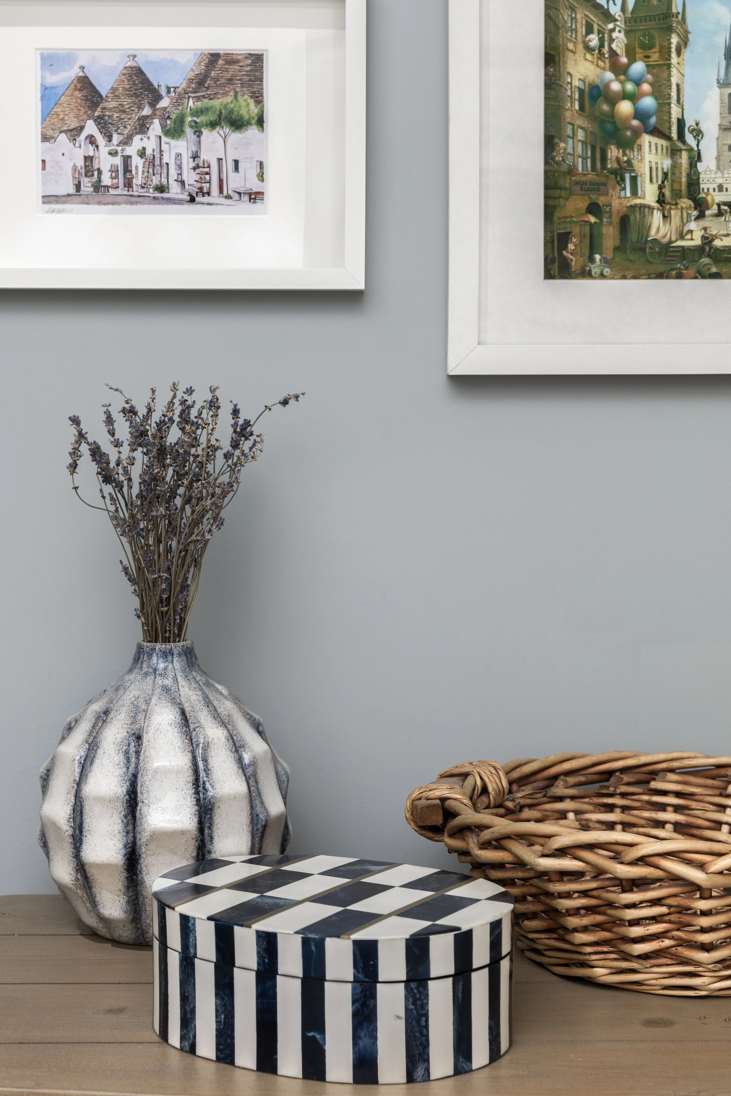 Styled surface with striped ceramic vase and dried lavender, Limehouse Cut London apartment by Rodolfo Falcao