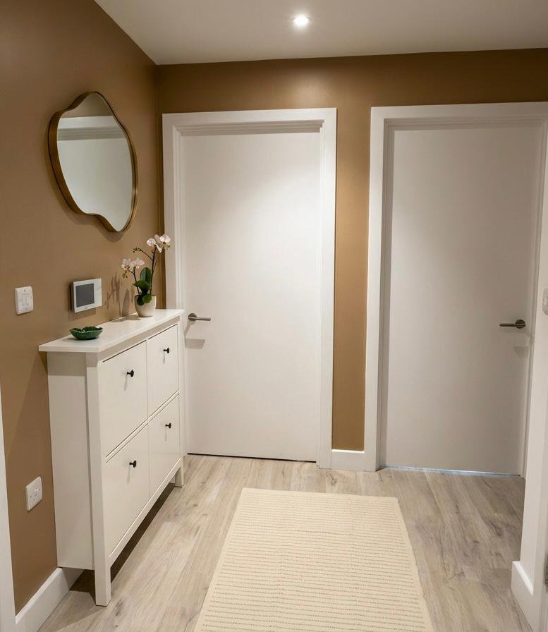 Warm taupe hallway with round mirror and white dresser, Battersea London flat by Rodolfo Falcao