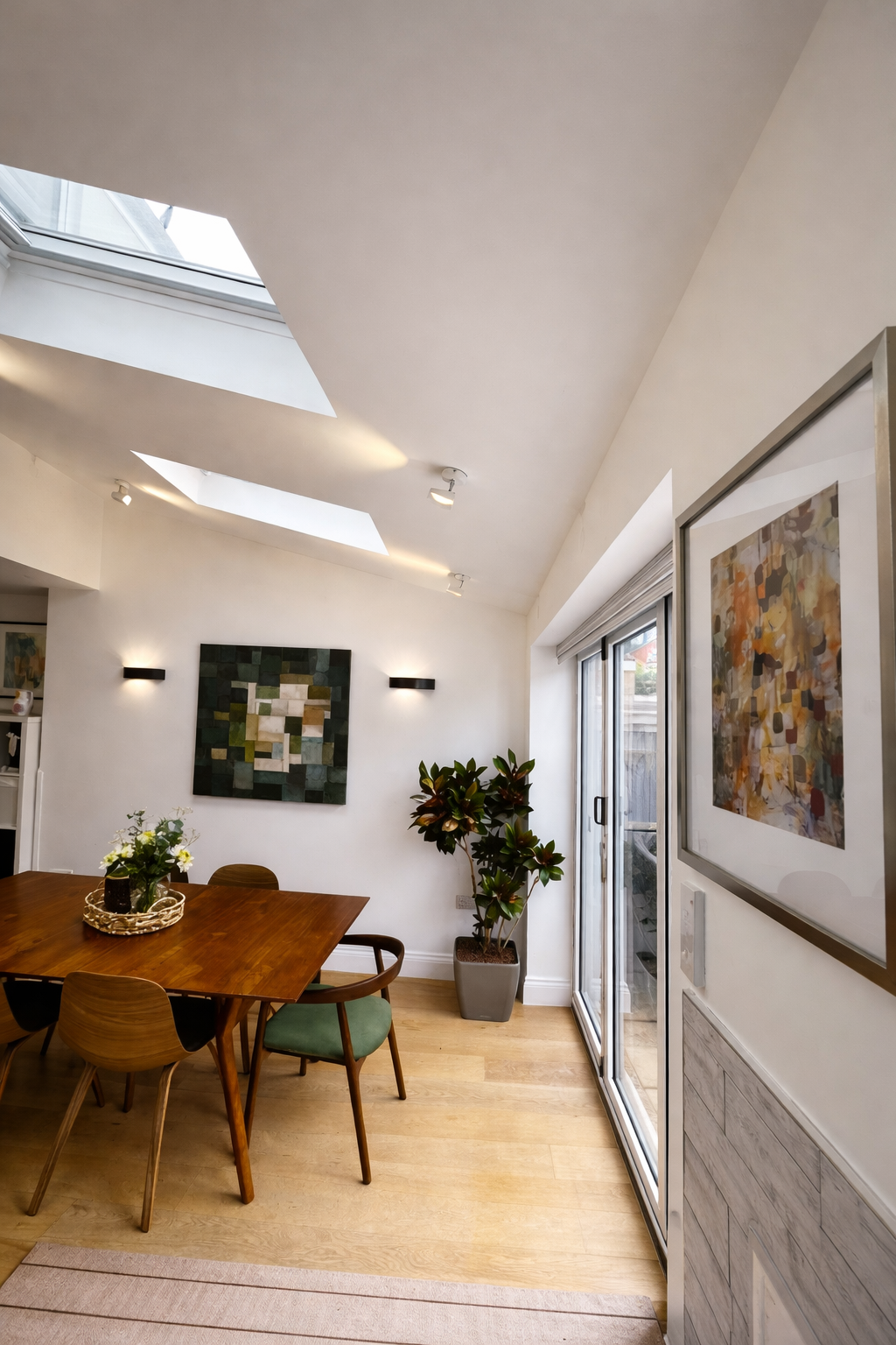 Open plan living and dining area with vaulted ceiling and Velux skylights, Oxford family home by Rodolfo Falcao