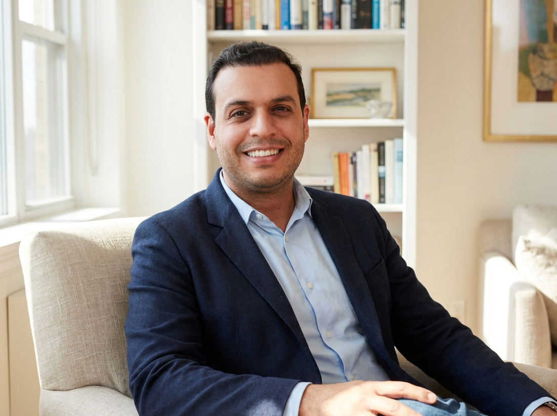 Rodolfo Falcao smiling, in a blue blazer and light blue shirt sitting in a well designed living room with a bookshelf in the background.