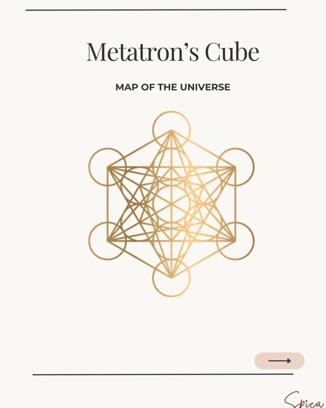Metatron’s Cube is a sacred geometric figure formed by connecting the 13 centers of the Fruit of Life. Within its lines sit the five Platonic solids, the fundamental shapes believed to underlie physical reality.  The symbol is often used as a b