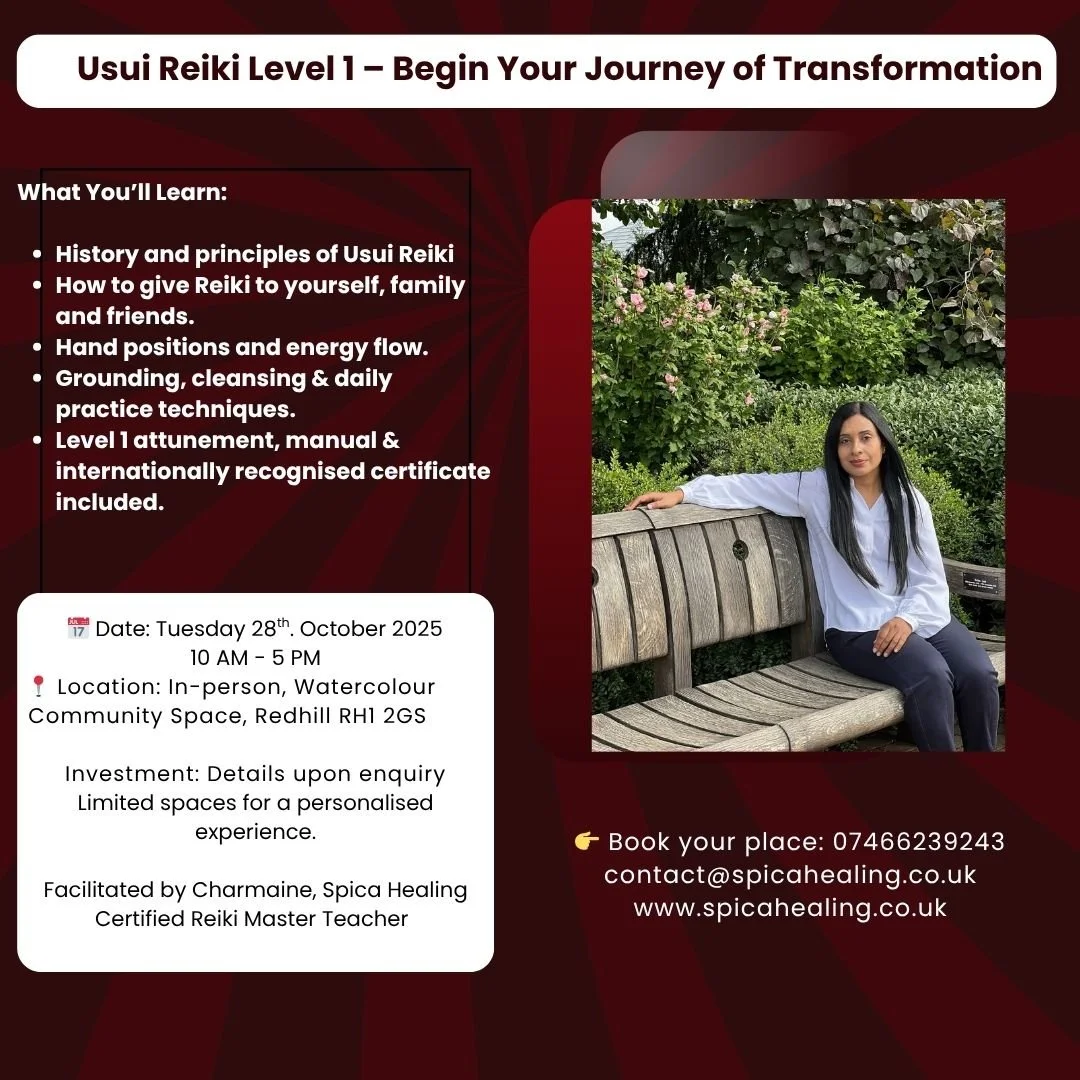 Usui Reiki Level 1 – Begin Your Journey of Transformation.
Spend a day with Charmaine at Spica Healing exploring Reiki, a simple, practical practice for daily life. Learn techniques to support yourself and others, connect with your intuition,