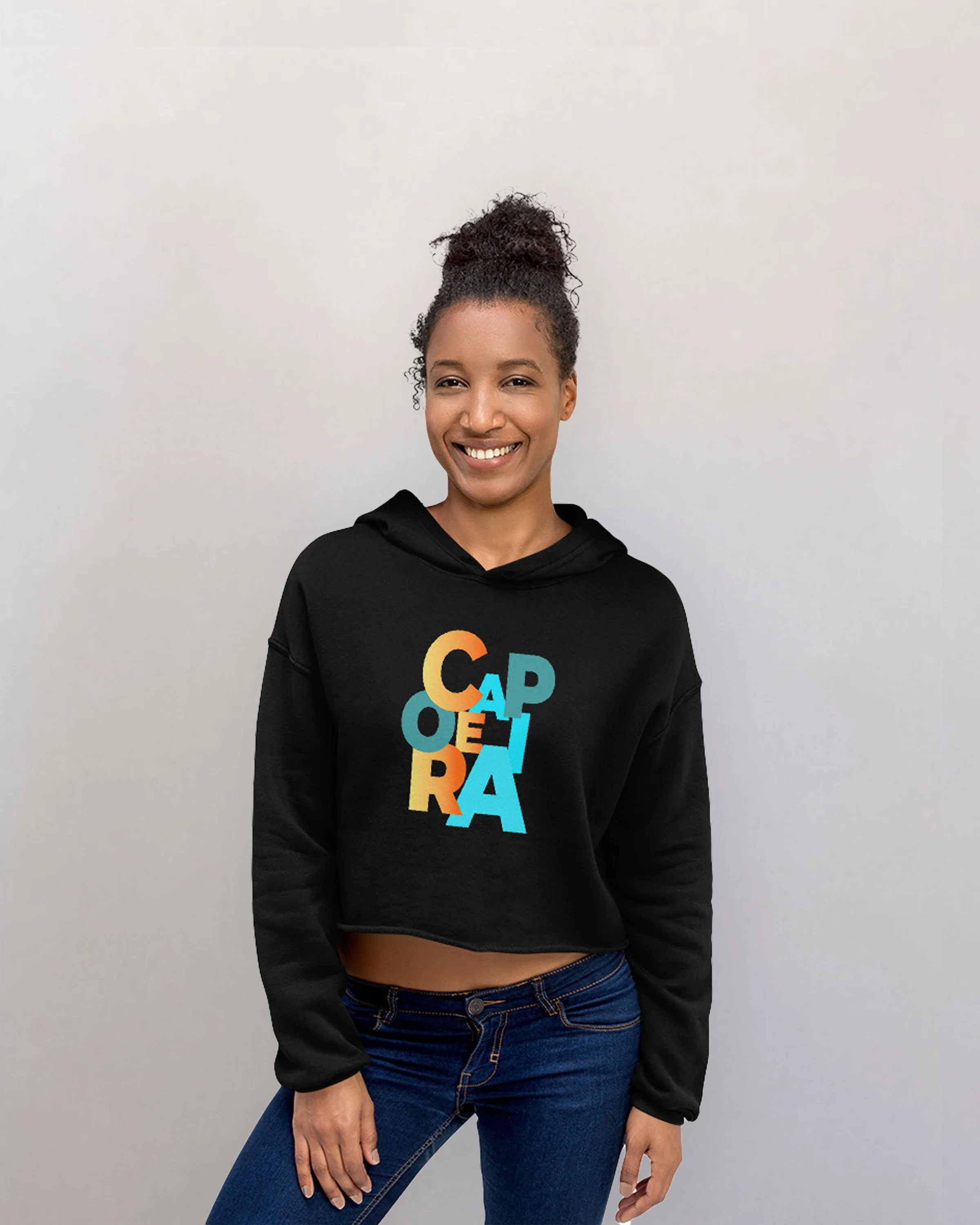 Women’s Black & Gray Cropped Pullover Hoodie | CAPOEIRA Print