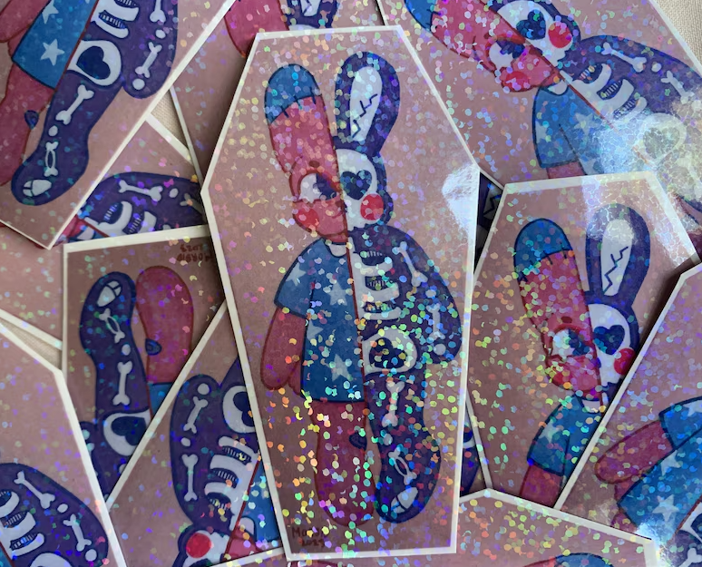 coffin bunny stickers - holo glitter finish