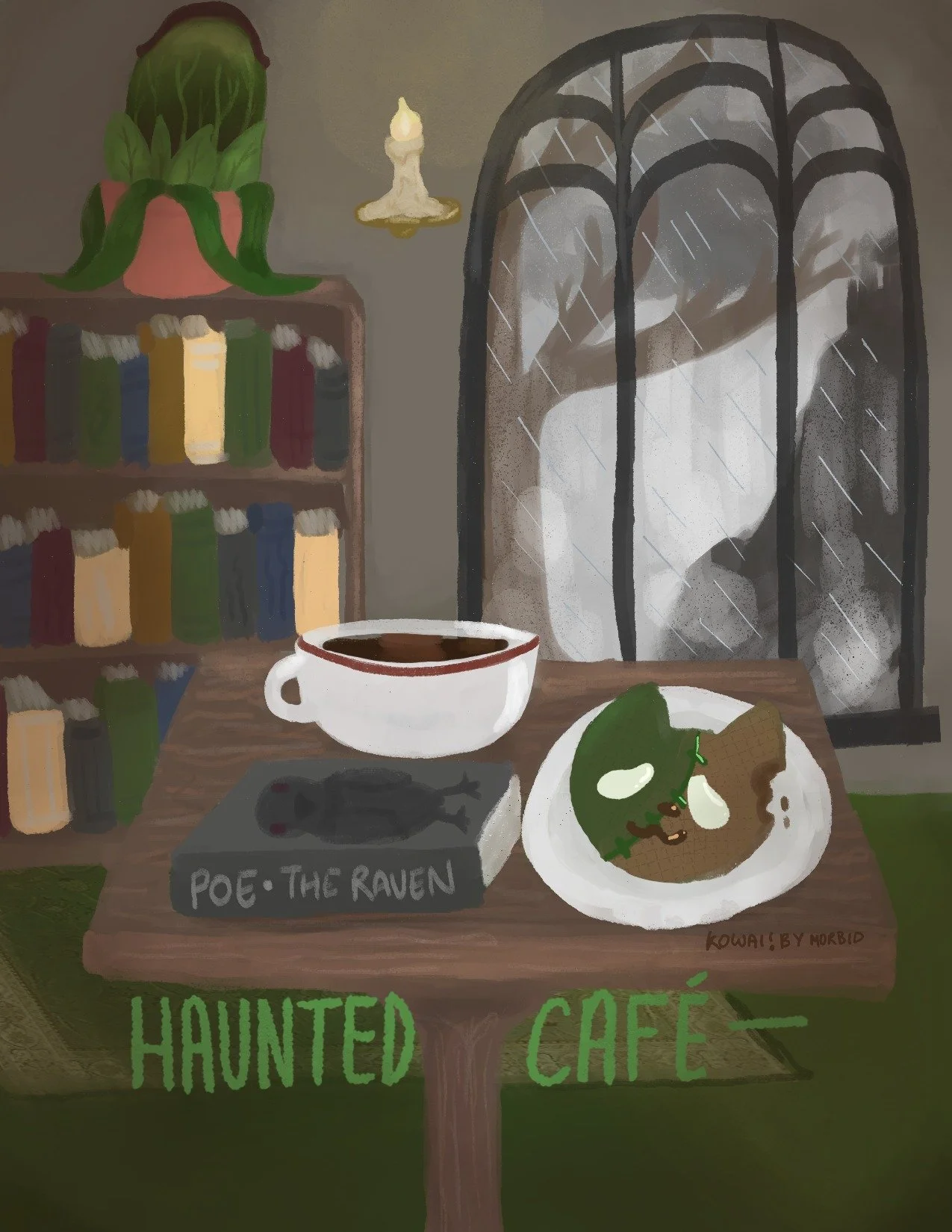 ive had this haunted cafe idea kicking around in my head since sometime two years ago... even put the matcha cookie design on stickers and prints when i first started the brand! now ive done a little illustration that at least partially captures the 