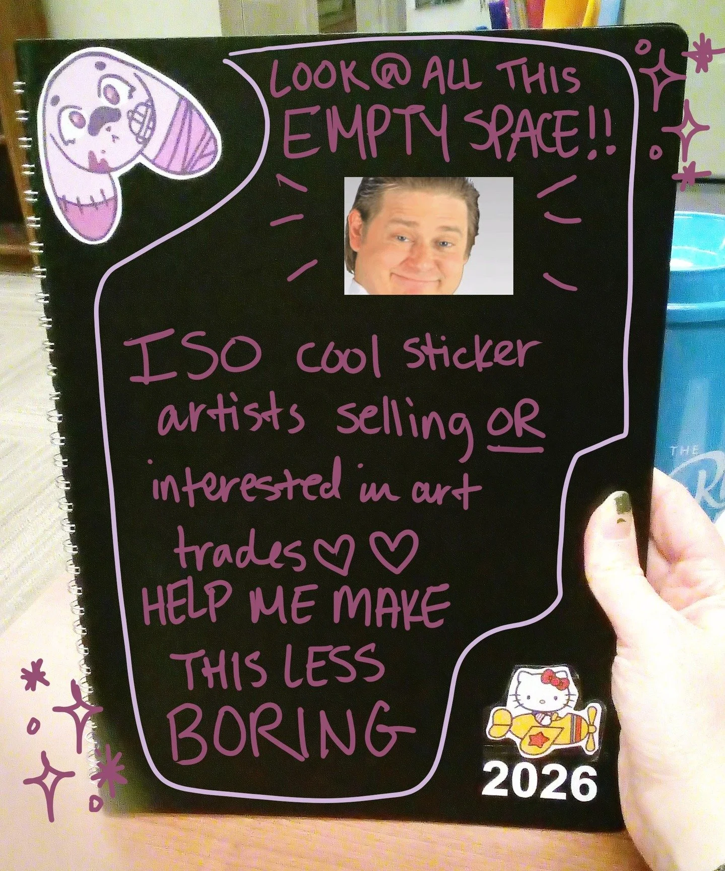 HI my new planner for work is so boring and i want to fill the front and back covers with stickers! ISO cool sticker artists with a shop or willing to trade, with a love for weird stuff and/or horror movies :p drop ur fav artists in the comments &lt;