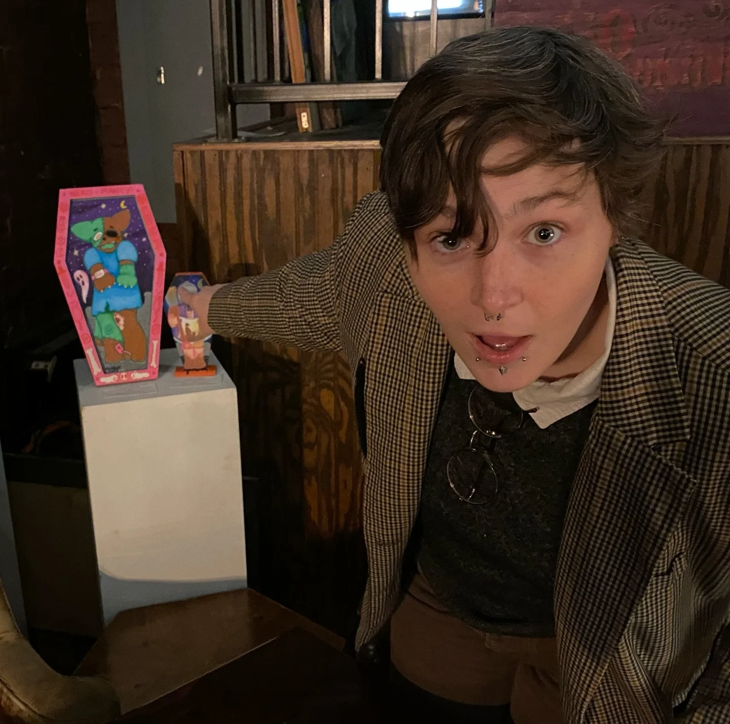 had a really good time @rooknpawn art show opening on thursday!! love that my work is nestled between these antique chairs, it's such a vibe 🥹 you can see my pieces at the cafe through January!! and see you there again this sunday for crow market 💕