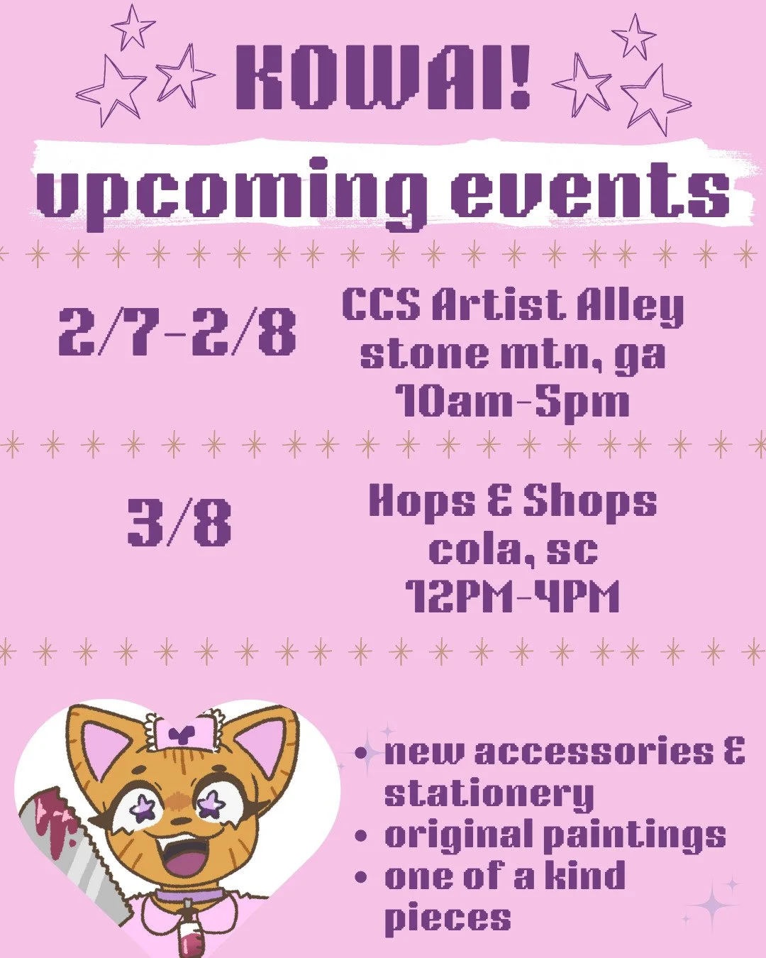 okayyyy upcoming schedule!!!! super excited to be vending again with @charliescollectibleshow next weekend &amp; @hopsandshops.sc in march--!! 
working on new events i got rejected a lottttt this year so keeping an eye out for more markets coming up 