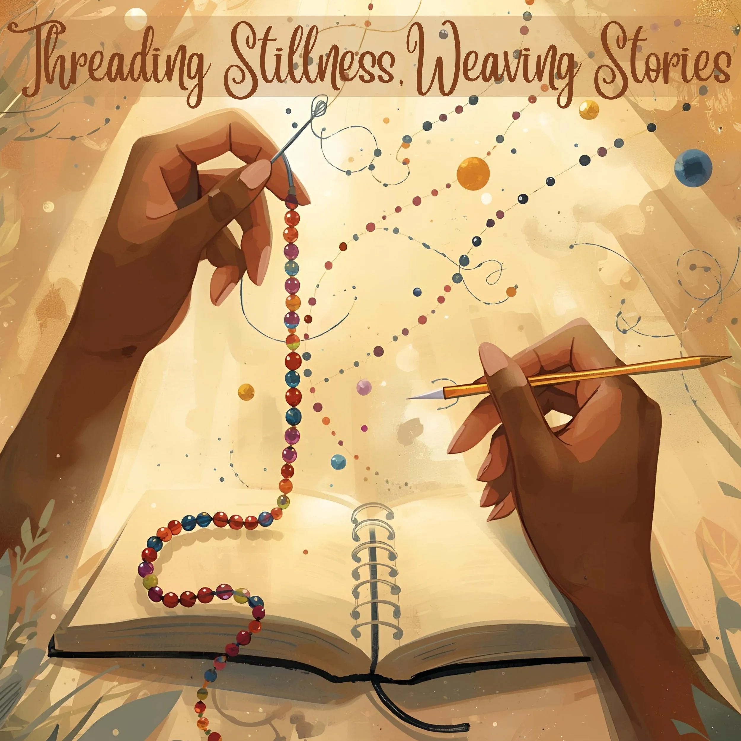 An illustration of two hands belonging to an African-American woman: one threading colorful beads with a needle and the other holding a penci over an open notebook. Floating  beads  and swirling lines fill the background, symbolizing  creativity.