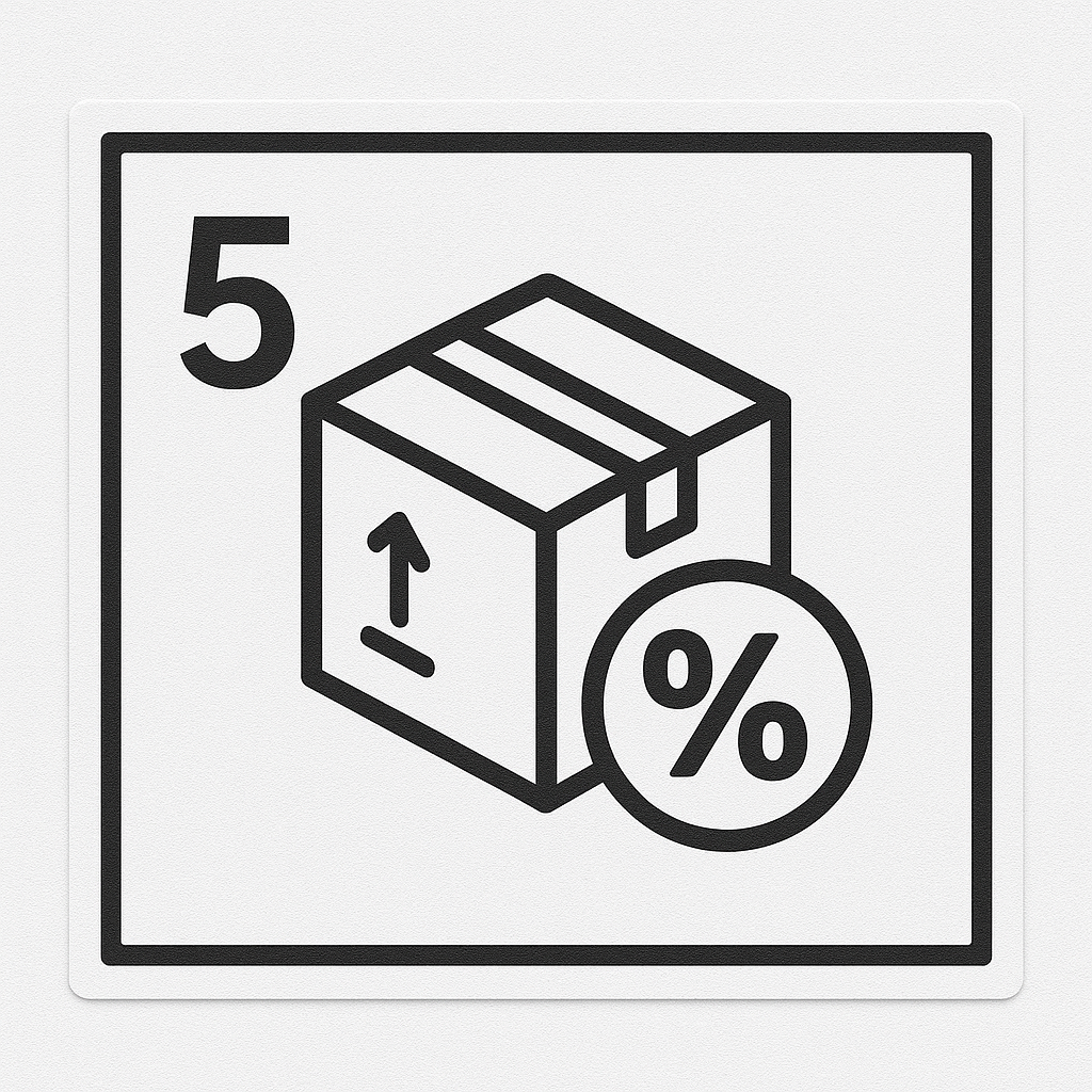Sticker with a cardboard box, a percentage symbol, and the number 5, indicating a 5% discount on shipping or a small package.