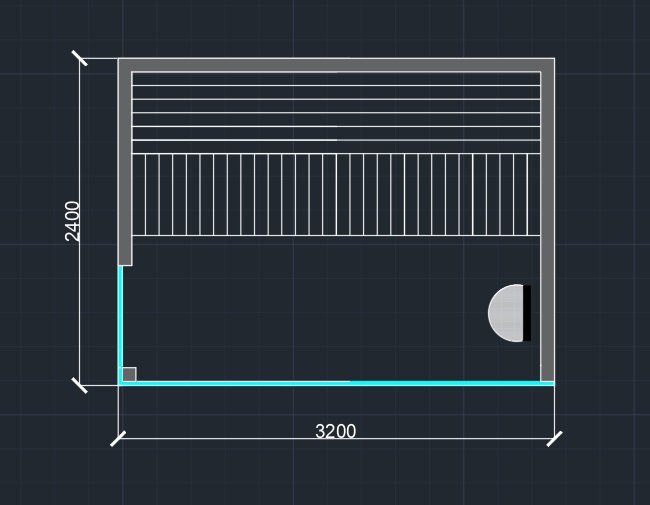 Top-down view of a rectangular room layout with dimensions 3200mm by 2400mm, showing a staircase at the top, an entrance door on the right side, and a different shaded section along the left side.