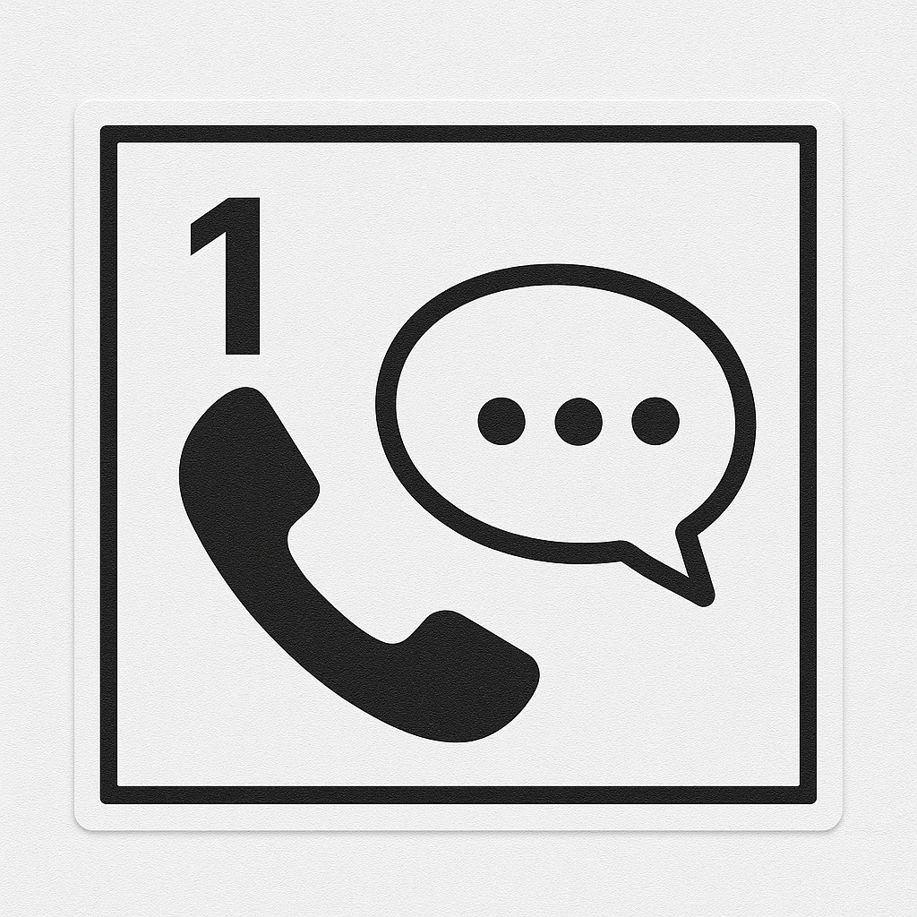 A black and white icon indicating a phone call with a speech bubble, numbered '1' in the top left corner.