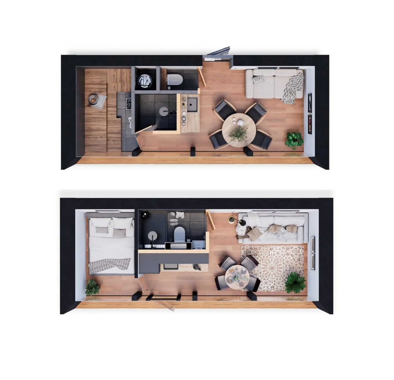 Two options of Luxury retreat tiny houses with large mirror panoramic windows. Full comfort, breathtaking views.