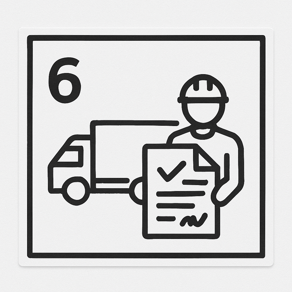 An illustration of a construction worker holding a document with a checkmark, with a truck in the background and the number 6 in the upper left corner.