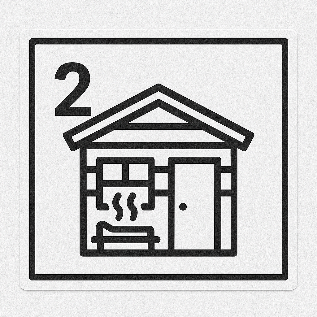 Black and white icon of a house with a door, windows, and a roof, with the number 2 in the top left corner.