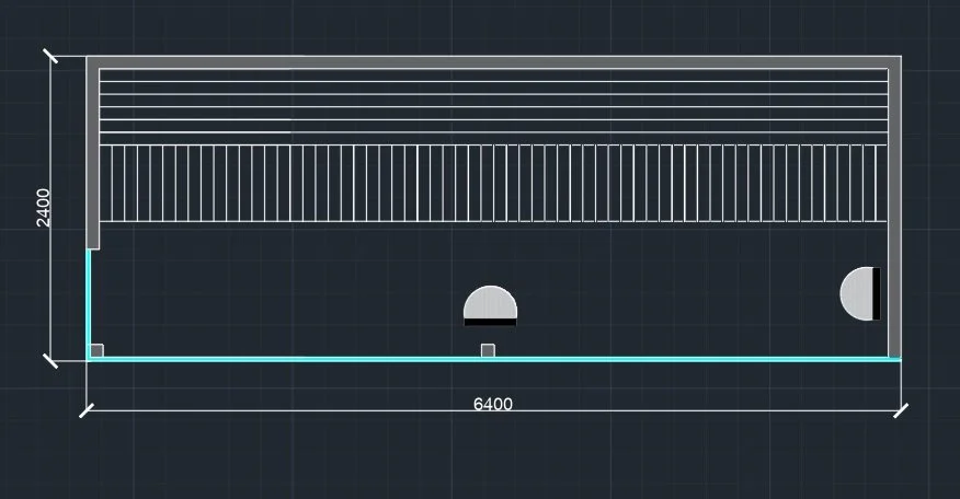 Architectural floor plan of a rectangular room measuring 6400mm by 2400mm, featuring a staircase in the top left corner, a door at the bottom center, and an additional door on the right side.