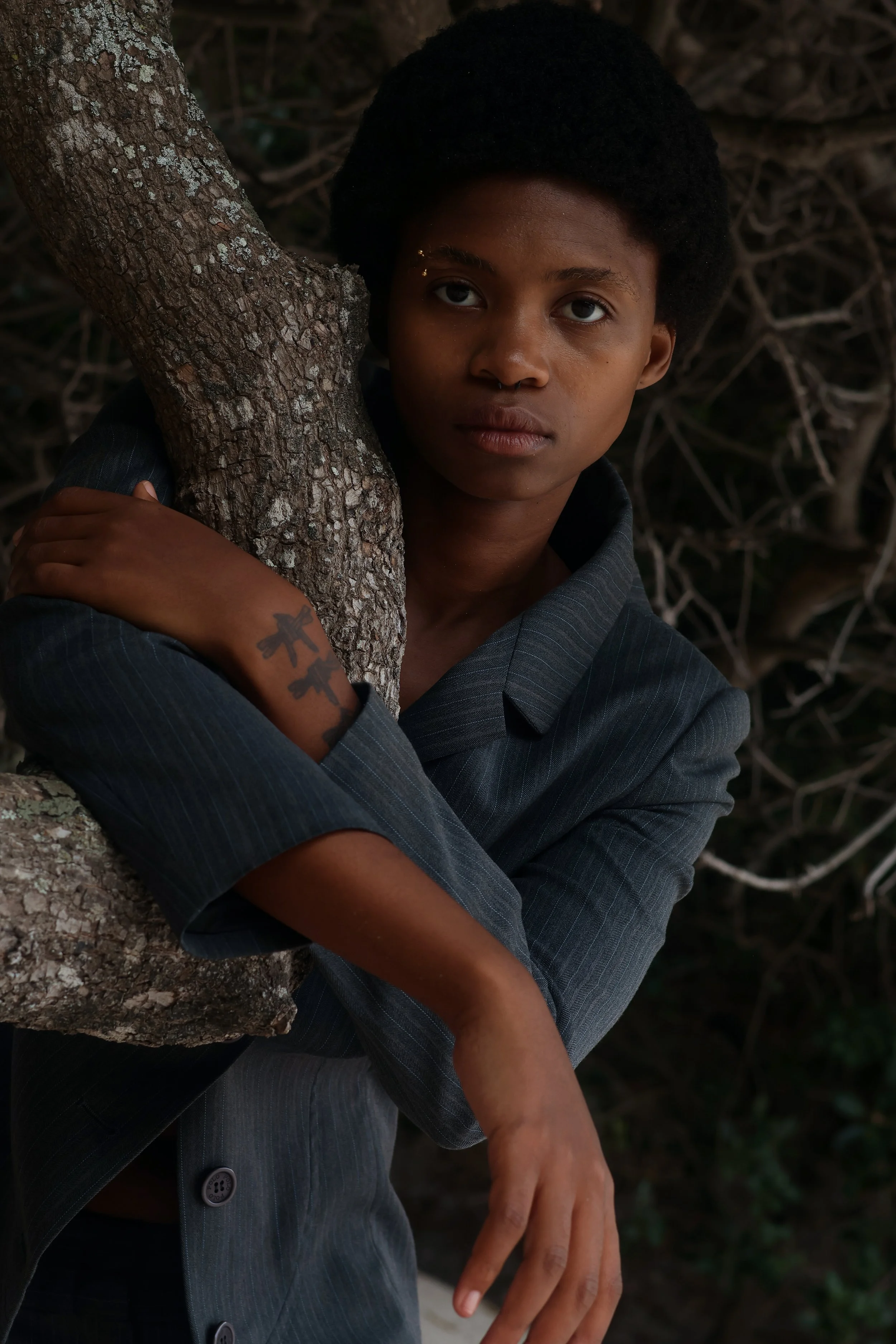 A portrait of a person with short curly hair and glasses on the nose, wearing a dark pinstripe blazer and shirt, leaning against a tree trunk outdoors, with a serious expression. Noordhoek beach, Cape Town.
