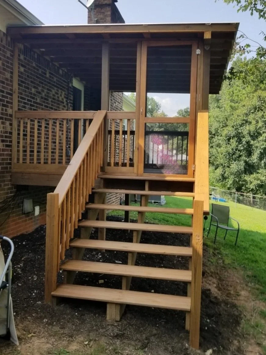 GVL painter completed pressure washing and staining of a deck, railings, staircase,  and posts in Easley, SC.