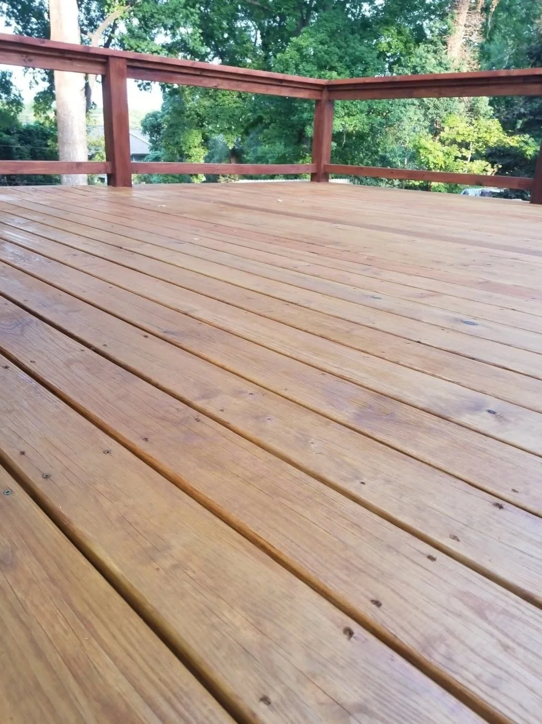 Wooden deck with horizontal planks and a railing, surrounded by green trees in a backyard.
