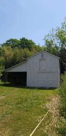 A white outdoor barn with a large door, set in a grassy area with trees in the background and a clear blue sky.