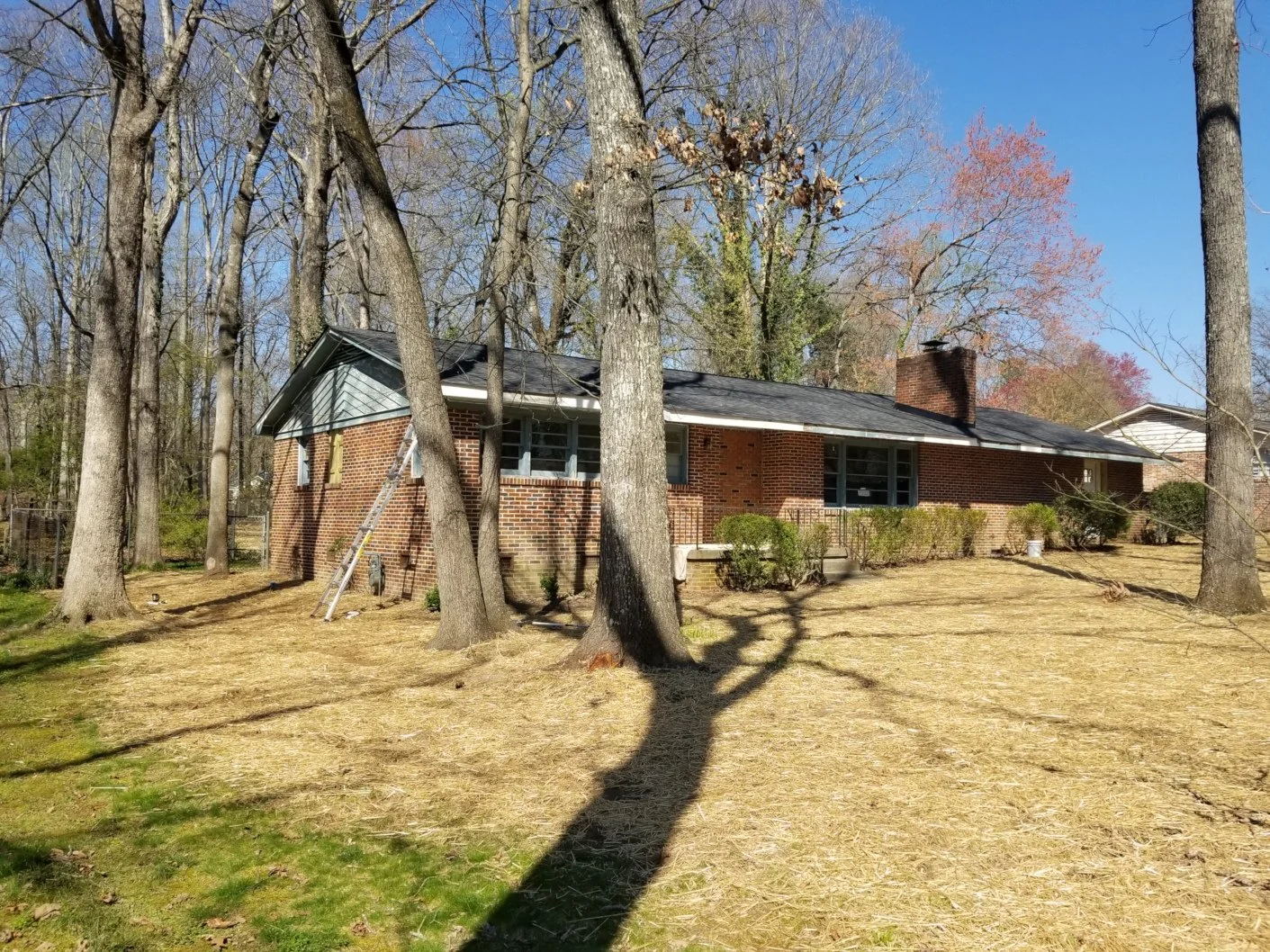 A brick house with a dark roof, surrounded by leafless trees, with a ladder leaning against the house, and the yard appears to be in the process of being cleaned or prepared.